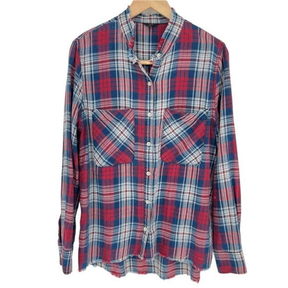 Joe's Jeans Collection Plaid‎ Button Shirt Fringe Hem Collar Women's Large - Picture 1 of 10